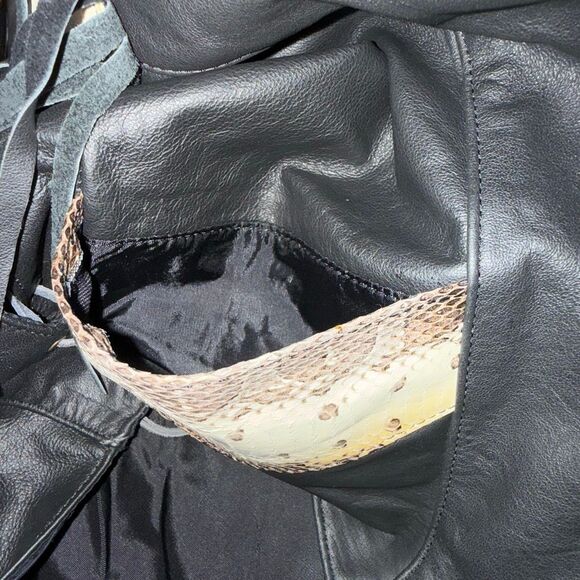 Vintage Black Leather Fringe Western Vest Snakeskin Inlay | USA Made L - Picture 16 of 16